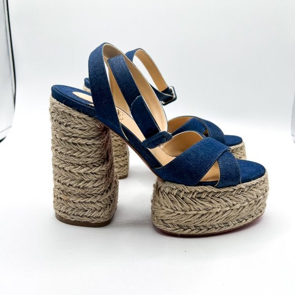 Christian Louboutin Super Mariza Denim Platform Red Bottom Espadrilles Sz 37 - Picture 3 of 12